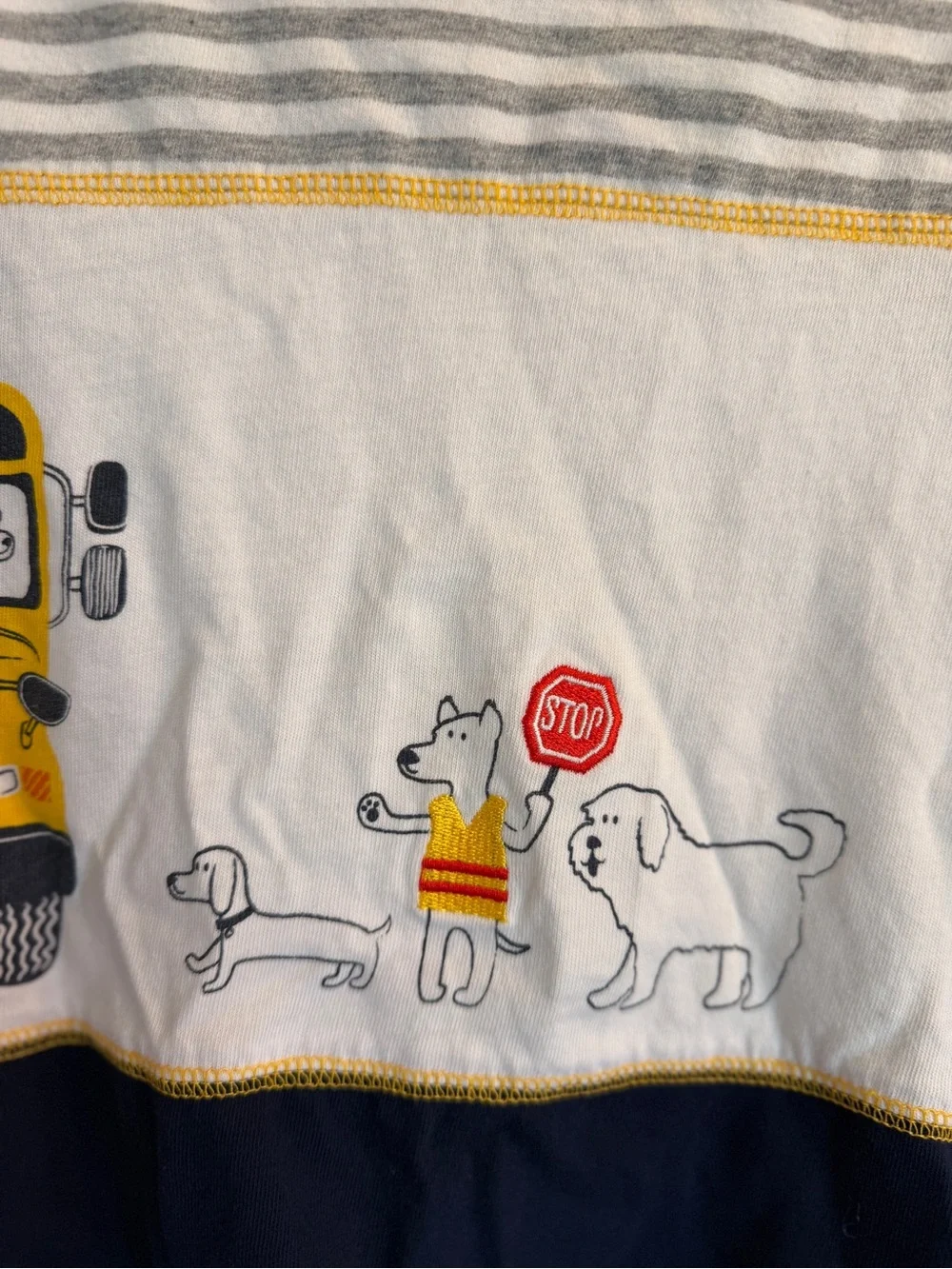 Kids Long-Sleeve School Bus & Dogs Tee in Navy and Yellow